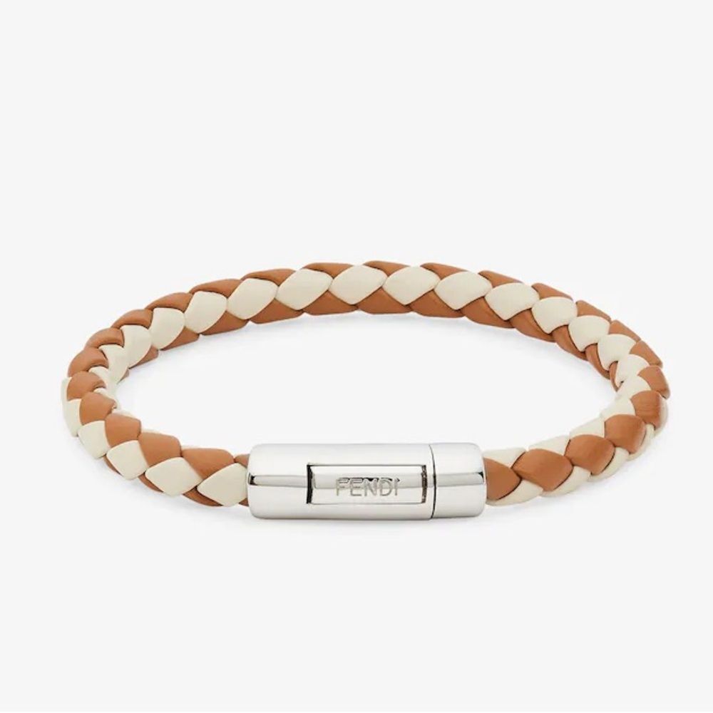Fendi Braided Leather Bracelet Large Tan Off White Palladium‎ Clasp Luxury NWT